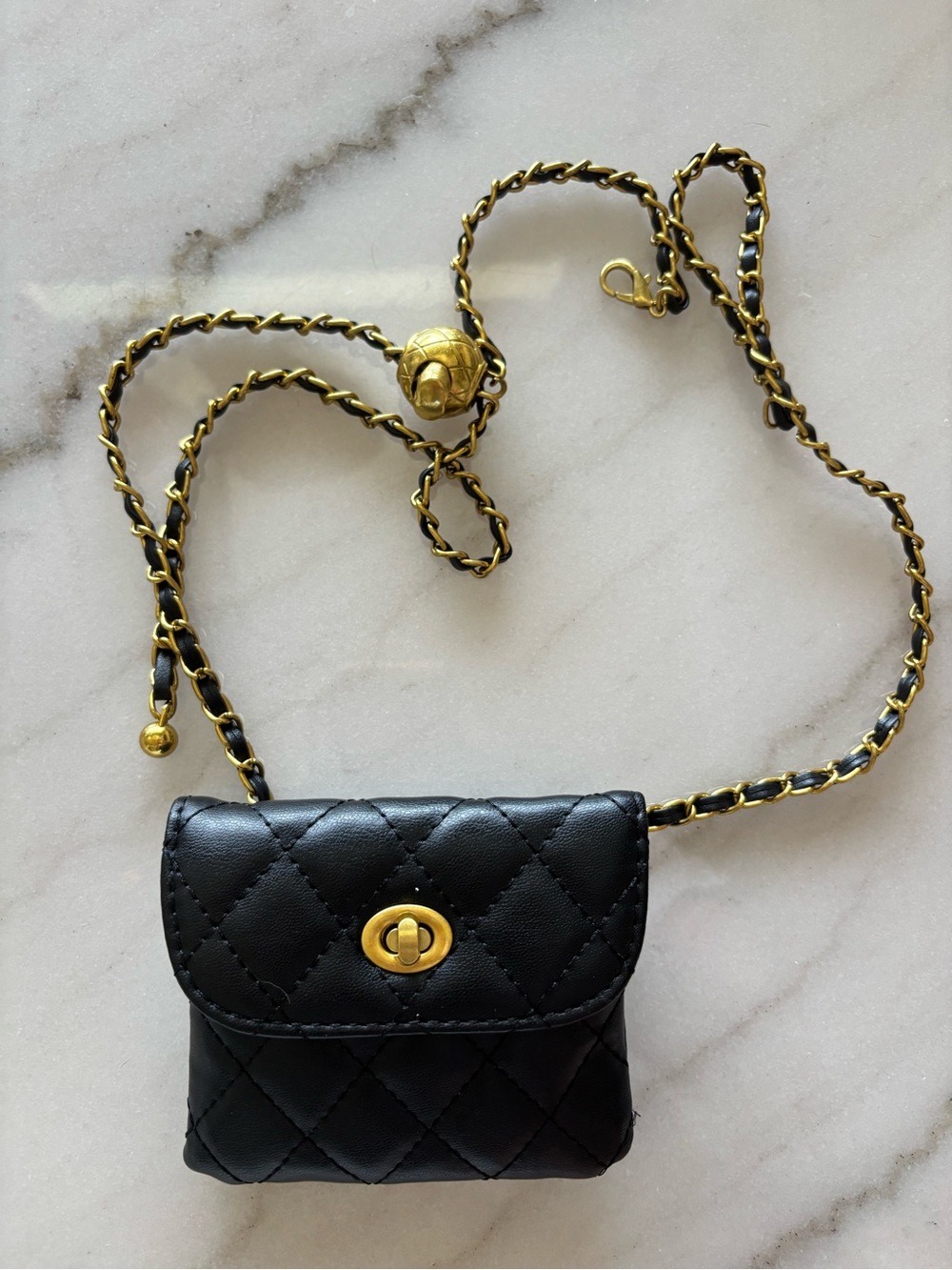 Black Quilted Leather Mini Crossbody Bag with Gold Chain